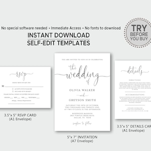 Wedding Invitation Set, TRY BEFORE You BUY, Simple Wedding Invitation Suite, Rsvp Card Template, Details Card, Printable, Templett, Diy image 6