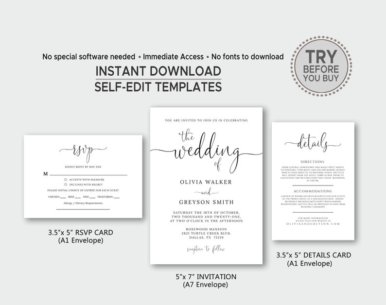 Wedding Invitation Set, TRY BEFORE You BUY, Simple Wedding Invitation Suite, Rsvp Card Template, Details Card, Printable, Templett, Diy image 6