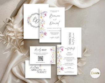 Wildflower Wedding Invitation Suite with RSVP, Monogram & Details, Garden Whimsical Wedding Invite Bundle, Canva Editable Template, Elegant
