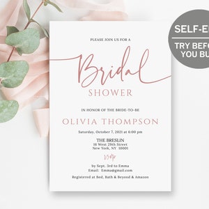 Rose Gold Bridal Shower Invitation, TRY BEFORE You Buy, Blush Bridal Shower Invite, Minimalist Invitation Template, 100% Editable, Printable