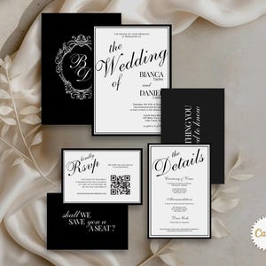 May include: A collection of black and white wedding invitation cards. The cards feature elegant typography and designs, including the words "The Wedding of," "RSVP," and "Details." Some cards have decorative borders and a QR code.