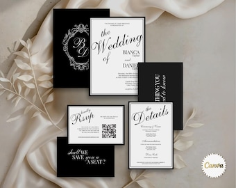 Old Money Wedding Invitation Suite with RSVP, Monogram & Details, Black White Wedding Invite Bundle, Canva Editable, Digital Download, DIY