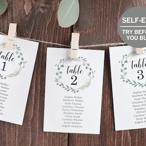 Wedding Seating Chart Template, TRY BEFORE You BUY, Table Numbers, Wedding Place Cards, Seating Plan, Hanging Seat Cards, Greenery, Rustic