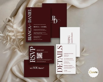 Luxurious Wedding Invite Suite, Minimalistic Wedding Invitation with RSVP Details, Wedding Monogram, Burgundy Wedding Bundle, Canva Editable