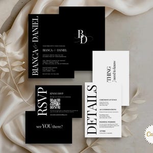 May include: A wedding stationery set featuring black and white cards with serif typography. The set includes an invitation for Bianca and Daniel, an RSVP card with a QR code, a details card, and a small card with the text "THING I need to know".