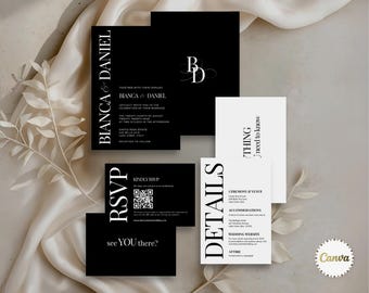 Modern Wedding Invitation Suite Template with RSVP Details & Wedding Monogram, Black Wedding Invite Bundle, QR Code Invite, Canva Editable