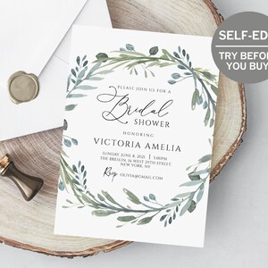 Laurel Wreath Bridal Shower Invitation, Eucalyptus Editable Invitation, Greenery Wedding Bridal Shower Template, Calligraphy Invitation