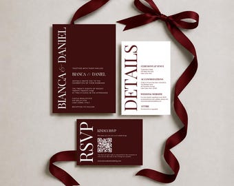 Luxurious Wedding Invite Suite, Minimalistic Wedding Invitation, RSVP Card, Details Card, Burgundy Wedding Bundle, QR Code, Canva Editable