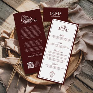 Puede incluir: Un conjunto de papeler&iacute;a de boda en color burdeos profundo que incluye una tarjeta de agradecimiento alta con texto blanco, un men&uacute; a juego con texto blanco y una peque&ntilde;a tarjeta de nombre con el texto Olivia Richardson, con tipograf&iacute;a elegante y un c&oacute;digo QR.
