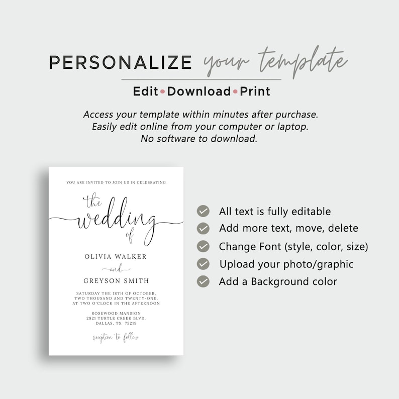 Wedding Invitation Set, TRY BEFORE You BUY, Simple Wedding Invitation Suite, Rsvp Card Template, Details Card, Printable, Templett, Diy image 5