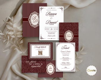 Old Money Wedding Invite Bundle Template, Invite Details RSVP, Burgundy Invite Suite, Wedding Monogram, Vintage Wed Invite, Canva Editable