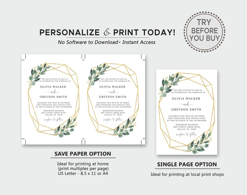 Geometric Wedding Invitation, TRY BEFORE You BUY, Botanical Wedding Invitation Suite, Instant Download, Geometric Wedding Decor, Greenery image 7