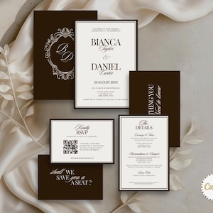 May include: A collection of wedding invitation cards in a classic design. The cards feature a dark brown and cream color scheme with elegant typography. The text includes names, dates, and RSVP information. The design includes decorative borders and a floral element.