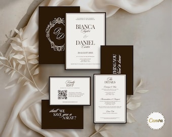Old Money Dark Brown Wedding Invitation Suite Template with RSVP & Details, Espresso Wedding Invite Bundle, Canva Editable, Digital Download