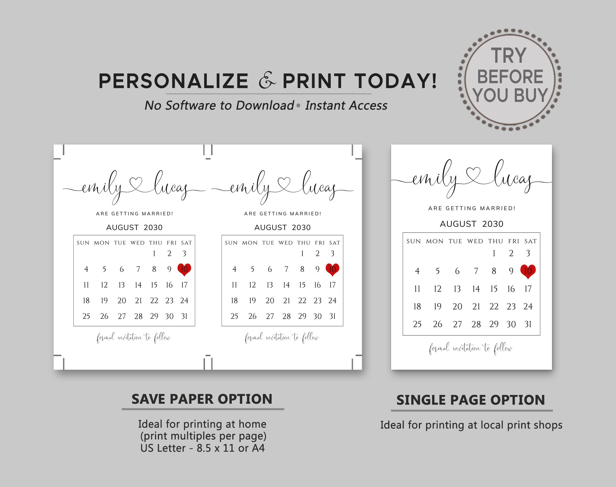 Save the Date Calendar Printable Wedding Save the Date Cards Etsy