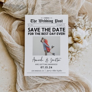 Editable Save The Date Invitation Template, Wedding NEWSPAPER, Save The Date Card With Photo, Minimalist Wedding Printable, INSTANT DOWNLOAD