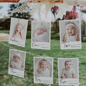 Editable Photo Milestone Banner Template, Modern First Birthday Photo Banner, Minimalist Baby&#39;s 1st Birthday, Milestone Cards, Instant