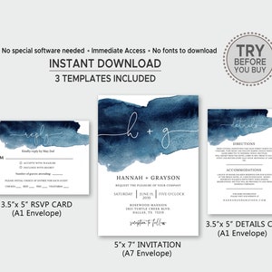 Navy Blue Wedding Invitation Template, TRY BEFORE You BUY, Watercolor Wedding Invitation Set, Wedding Suite, Minimalist, Rsvp Card, image 3