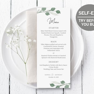Wedding Menu Template, TRY FREE DEMO, Wedding Menu Cards, Bridal Shower Menu, Wedding Signage, Eucalyptus, Rustic, Bar Menu, Greenery, Diy