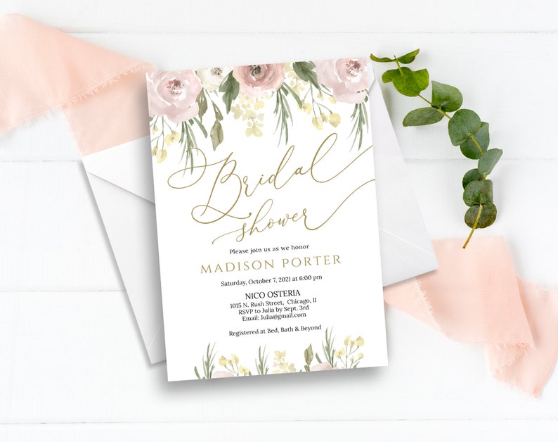 Blush Bridal Shower Invitation Template Floral Invitation Etsy
