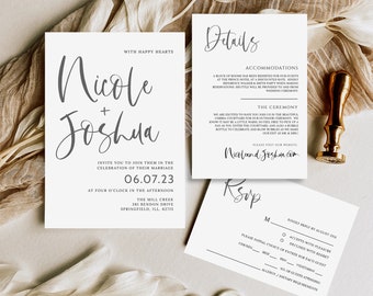 Minimalist Wedding Invitation Template, Modern Calligraphy, Simple Wedding Invites, RSVP Card, Details, Invitation Bundle, Digital Download