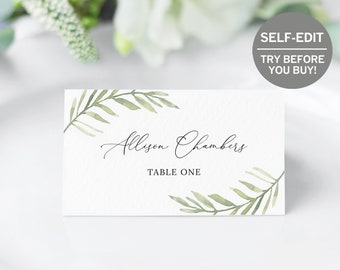 Greenery Wedding Name Cards, TRY BEFORE You BUY, Place Card Template, 100% Editable, Wedding Table Numbers, Escort Cards, Rustic Wedding