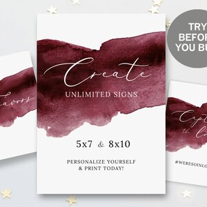 Burgundy Custom Wedding Sign Template, Watercolor Wedding Template, 5x7 and 8x10, Wedding Signage, Wedding Table Signs, Wine Hashtag Sign