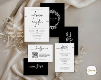 Modern Wedding Invitation Suite Template, Black White Wedding Invite QR Code, Wedding Monogram, RSVP Card, Details Card, Canva Editable