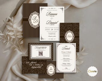 Old Money Wedding Invite Bundle Template, Invite Details RSVP, Dark Brown Invite Suite, Wedding Monogram, Vintage Wed Invite, Canva Editable