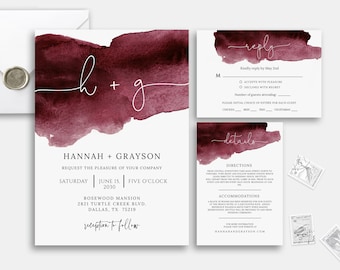 Burgundy Wedding Invitation Template, TRY BEFORE You BUY, Watercolor Wedding Invitation Set, Details Card, Rsvp Card, Wine, Invite, Plum