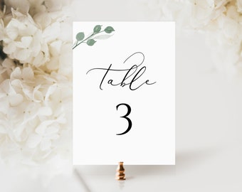 Table Numbers Card Template, Table Cards Greenery, Printable and Editable, Seating Chart Template, Elegant Number Sign, Calligraphy