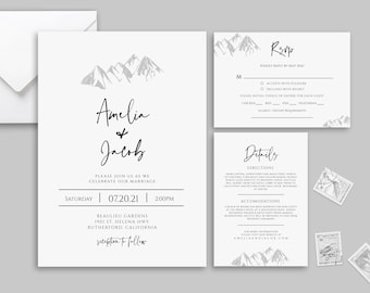 Mountain Wedding Invitation, Nature Wedding Invitation Set, Mountain Invitation, Printable Wedding Template, Instant Download, RSVP, DIY