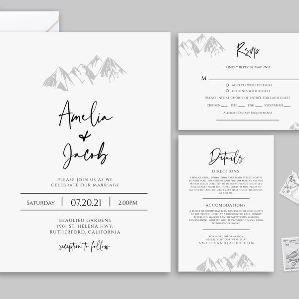 Mountain Wedding Invitation, Nature Wedding Invitation Set, Mountain Invitation, Printable Wedding Template, Instant Download, RSVP, DIY