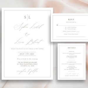 Wedding Invitation Template Set, Wedding Monogram Invitation, Editable Wedding Invites, Minimalist, Border, Details Rsvp, TRY DEMO