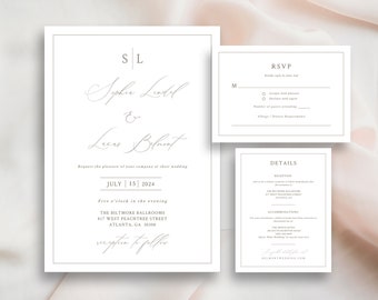 Wedding Invitation Template Set, Wedding Monogram Invitation, Editable Wedding Invites, Minimalist, Border, Details Rsvp, TRY DEMO