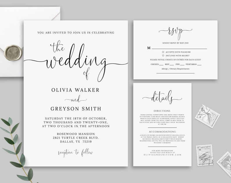 Wedding Invitation Set, TRY BEFORE You BUY, Simple Wedding Invitation Suite, Rsvp Card Template, Details Card, Printable, Templett, Diy image 10