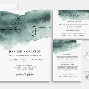 Sage Green Wedding Invitation Set, TRY BEFORE You BUY, Watercolor Wedding Invitation Template, Bohemian Wedding Invite, Rsvp Card, Emerald