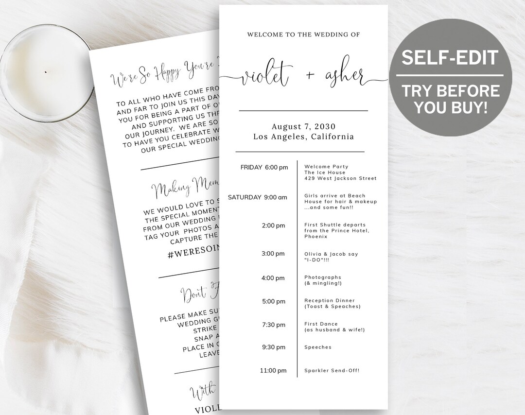 Wedding Programs With Wedding Day Timeline, Wedding Program Template ...