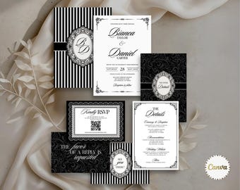 Old Money Wedding Invite Bundle Template, Invite Details RSVP, Black White Invite Suite, Wedding Monogram Vintage Wed Invite, Canva Editable