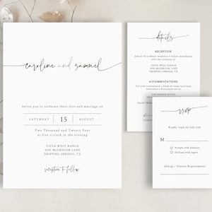 Simple Wedding Invitation Template Set, Rustic Wedding Invites, Digital Download, Modern Calligraphy, Details & Rsvp, Minimalist, DIY