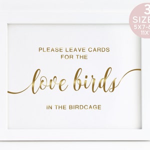 Tortelduifjes bruiloft teken, gouden bruiloft vogelkooi teken, afdrukbare bruiloft receptie, decor vogelkooi, kaarthouder bruiloft teken, gouden kaarten teken
