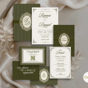 May include: A wedding stationery set featuring olive green and cream cards with ornate filigree borders, striped patterns, and damask textures. The text includes names Bianca Taylor and Daniel Carter, RSVP details, and a QR code on the response card.