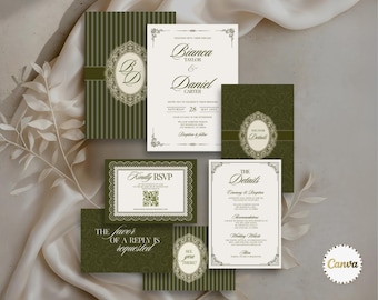 Old Money Wedding Invite Bundle Template, Invite Details RSVP, Olive Green Invite Suite, Wedding Monogram Vintage Wed Invite, Canva Editable