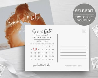 Save The Date Calendar, TRY BEFORE You BUY, Save The Date Postcard, Wedding Announcement, 100% Editable Invitation Template, Rustic