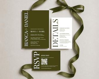 Luxurious Wedding Invite Suite, Minimalistic Wedding Invitation, RSVP Card, Details Card, Olive Green Wedding Bundle, QR Code Canva Editable
