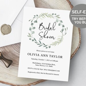 Bridal Shower Invitation Template, TRY BEFORE You BUY, Wreath Invitation, Greenery Invitation,  Instant Download, Printable, Eucalyptus, Diy