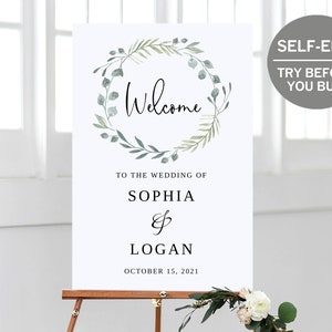 Greenery Wedding Welcome Sign, TRY BEFORE You BUY, Welcome To Our Wedding Sign, Entrance Sign, Wedding Poster, Wedding Template, Rustic, Diy
