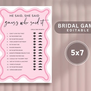 He Said She Said Bridal Shower Game, Printable Pink Bachelorette Game, Hen Party Game, Editable Wedding Shower, Couples Shower, Download image 2