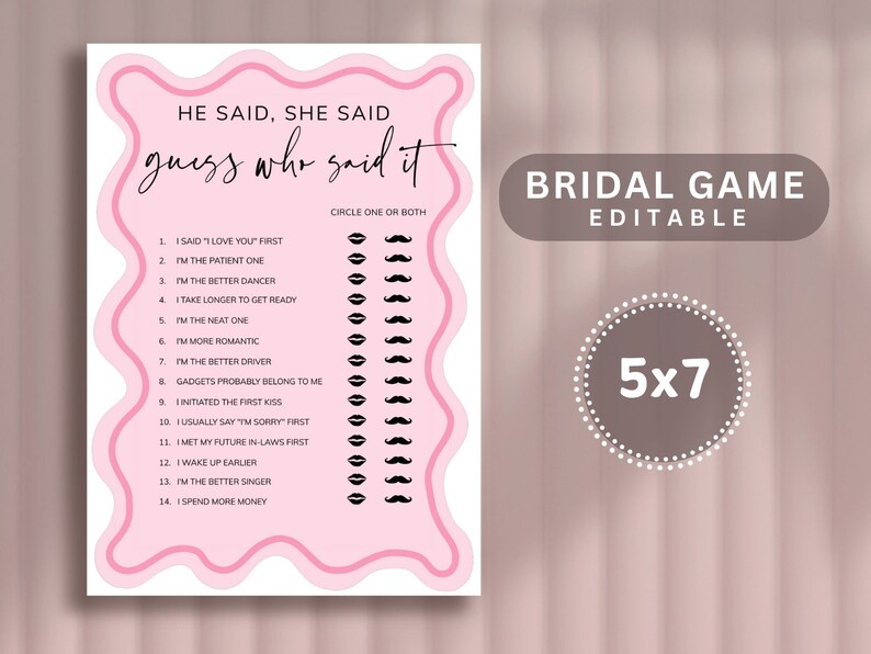 He Said She Said Bridal Shower Game, Printable Pink Bachelorette Game, Hen Party Game, Editable Wedding Shower, Couples Shower, Download image 2