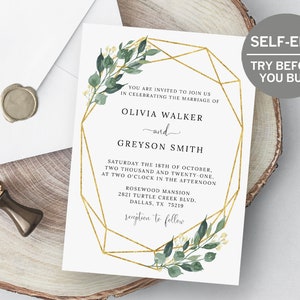 Geometric Wedding Invitation, TRY BEFORE You BUY, Botanical Wedding Invitation Suite, Instant Download, Geometric Wedding Decor, Greenery image 2